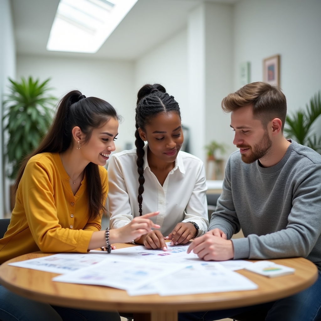 Group of young Argentine entrepreneurs sharing ideas and documents around a table in a collaborative workspace
