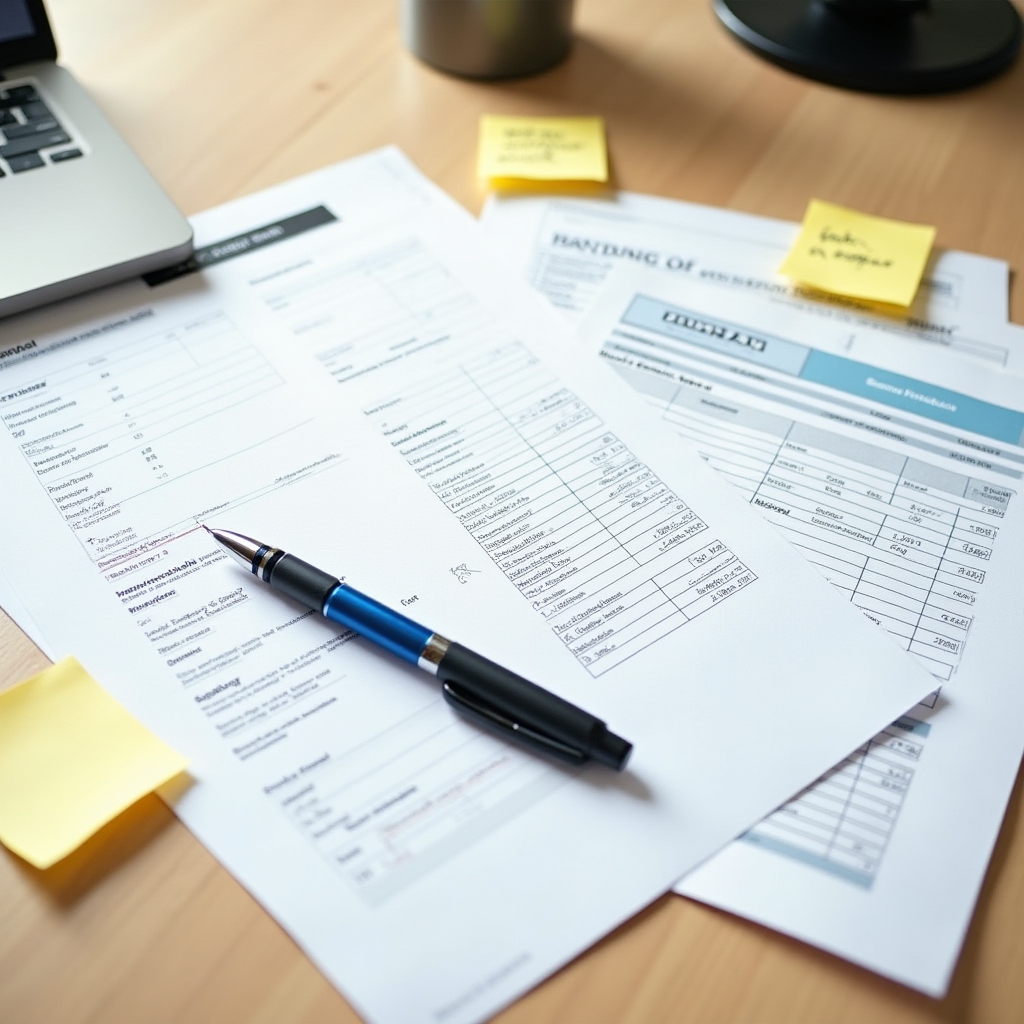 Organized desk with printed administrative templates and a pen ready to fill in details