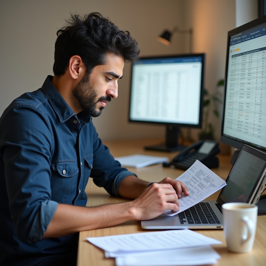 Young entrepreneur filling out an administrative form on a laptop at a home office