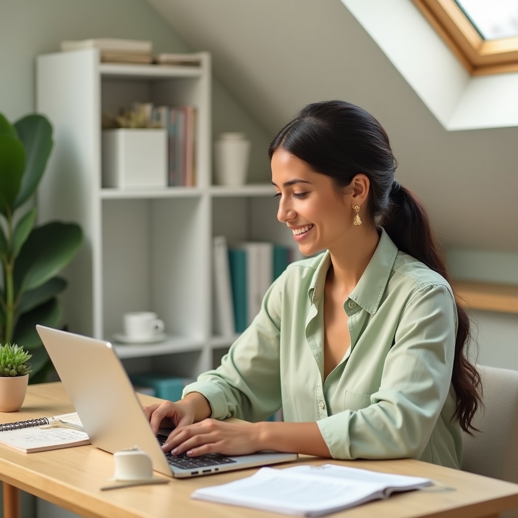 Argentine micro-entrepreneur working at a tidy desk with documents and laptop