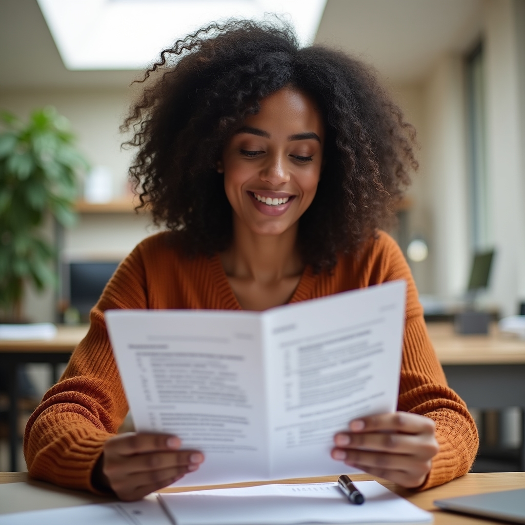 Person reading filling instructions for an administrative template on a printed guide at a desk